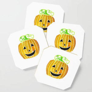 Halloween Jack-O-Lantern Pumpkin Watercolor Art Coasters by Aliya Bora