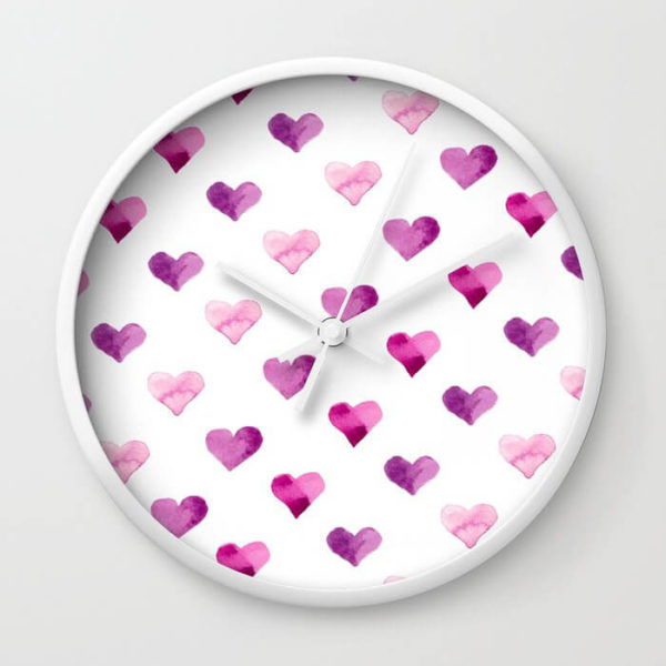 Pink Candy Hearts Watercolor Wall Clock by Aliya Bora