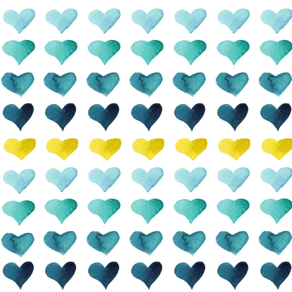 Hearts of the Sea blue & yellow watercolor heart print by Aliya Bora