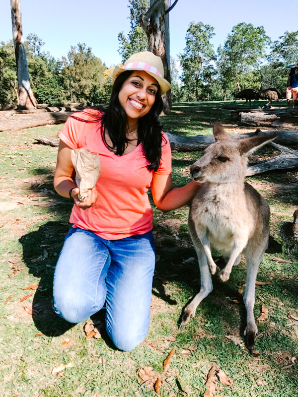 Aliya Bora with a Wallaby at Lone Pine Koala Sanctuary in Brisbane, Australia.