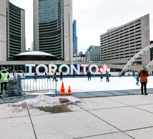 Nathan Philips Square Ice Rink in winter in Toronto, Canada.