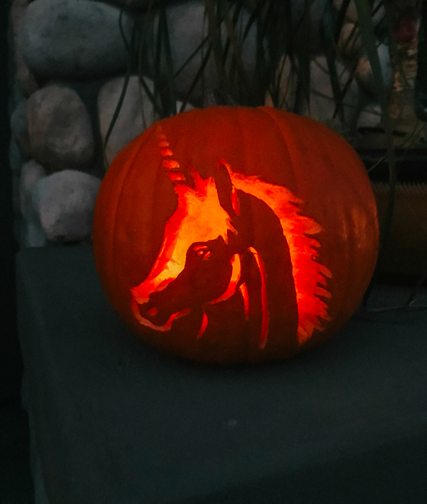 Halloween Unicorn Pumpkin Carving Lit Outside
